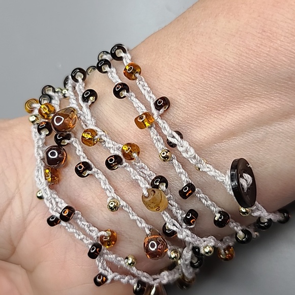 Women's Wrap Bracelet Light Gray Gold Brown Beads Handmade Crochet Everyday Cute - Picture 3 of 6